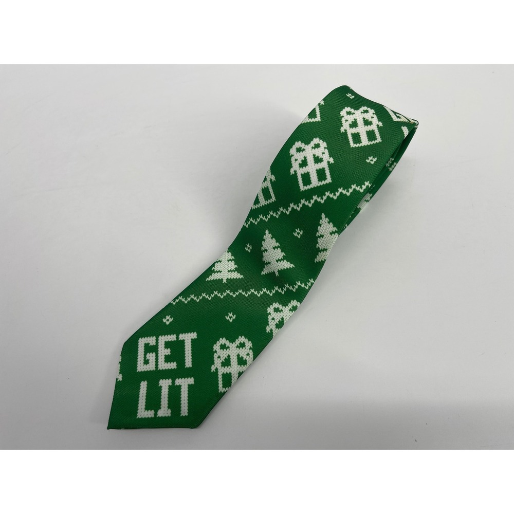 Dec 25th Get Lit Christmas Necktie Mens Green White Ugly Holiday Party Gift Tie